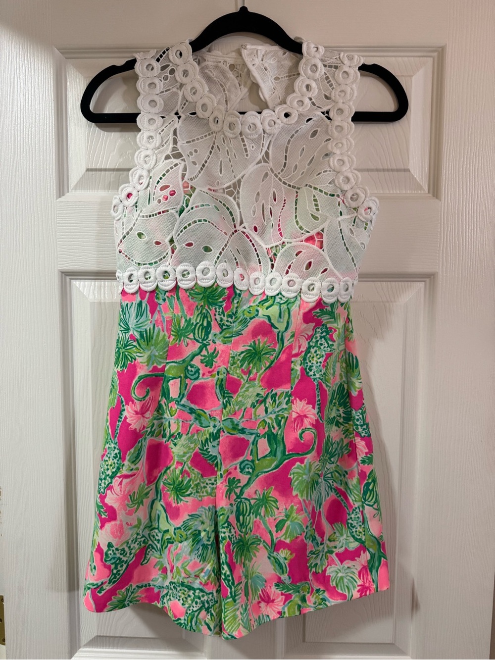 Lilly Pulitzer Sadie Romper: White Eyelet Top with Pink & Green Tropical Romper